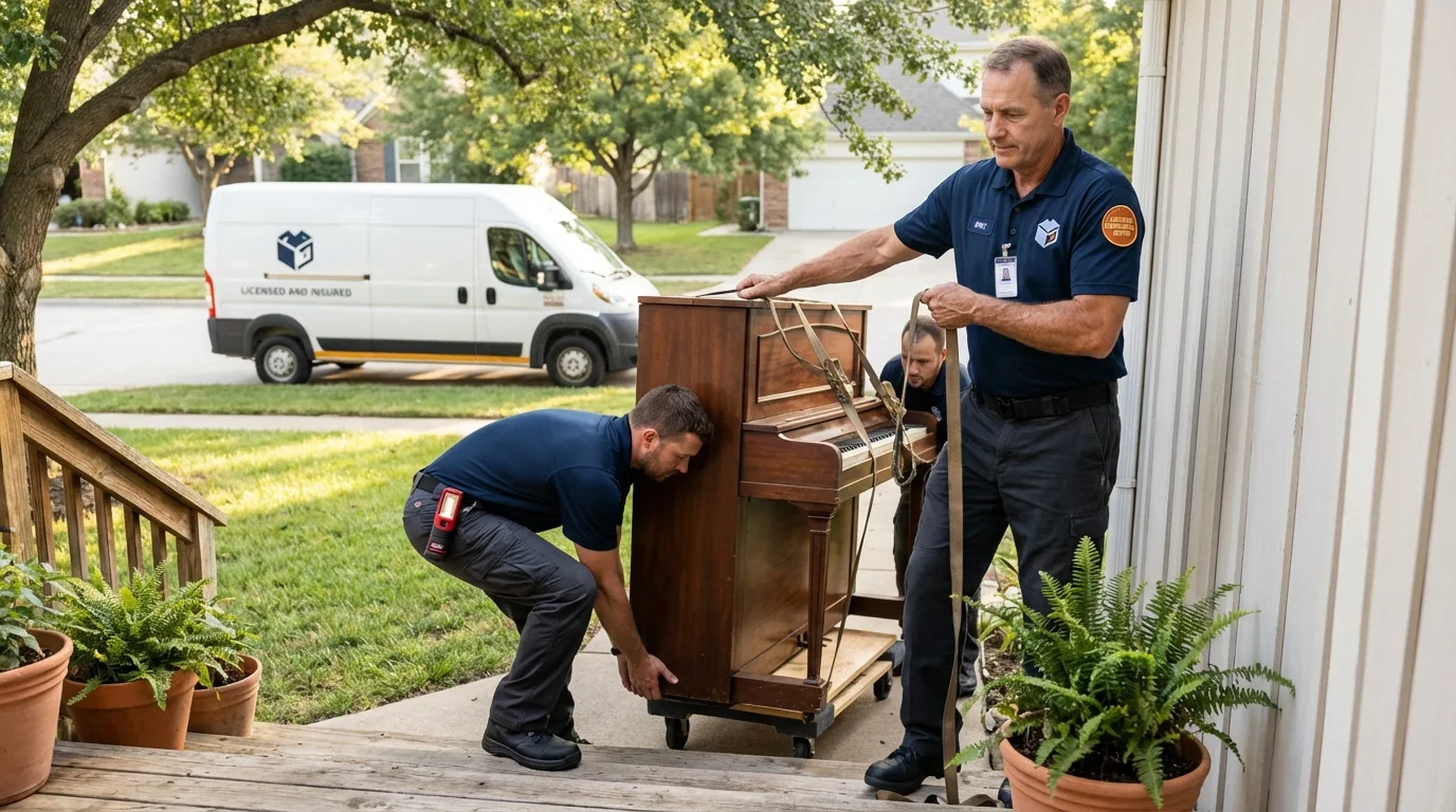 Licensed piano movers securing grand piano in Shady Side, MD