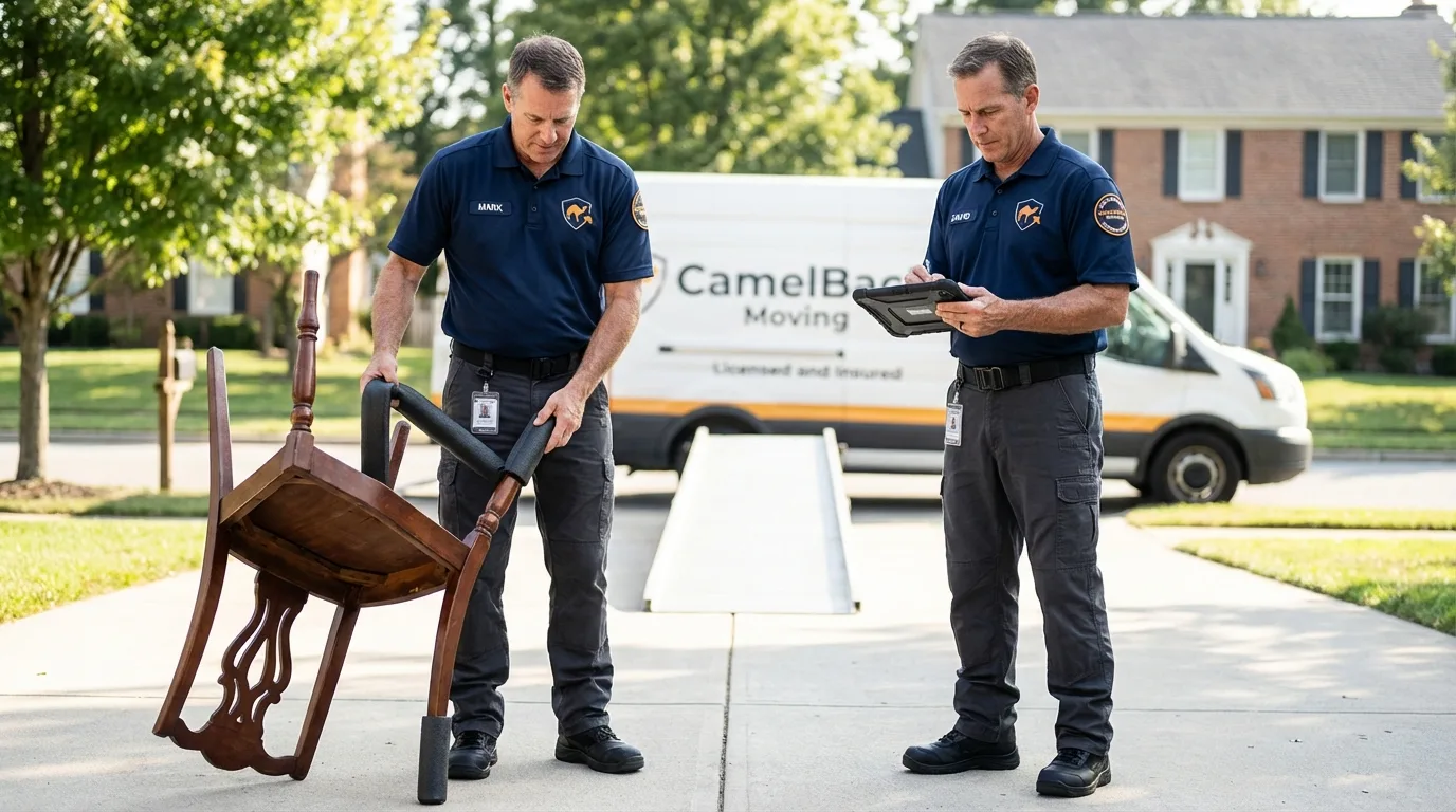 Movers inspecting furniture for damage prevention before loading in Shady Side, MD