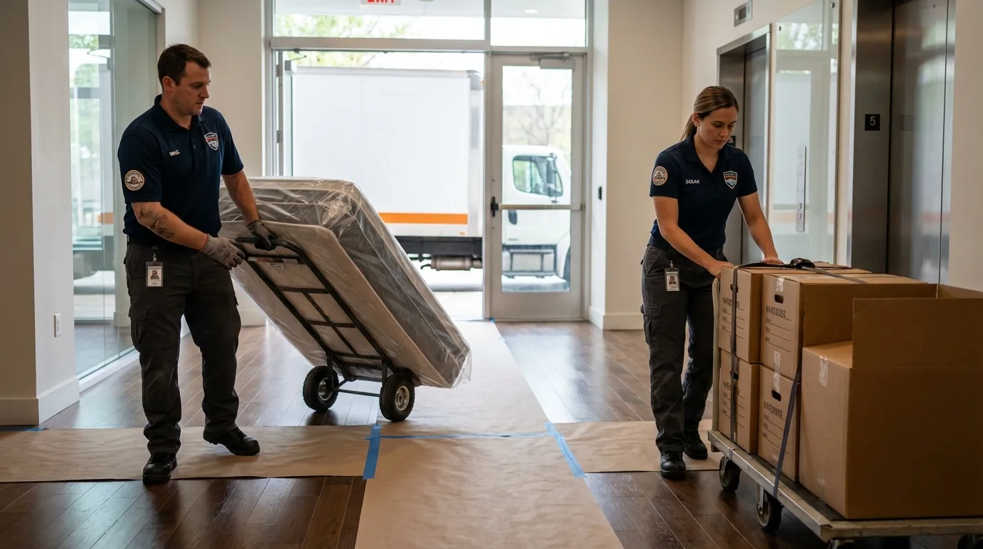 Professional apartment movers loading elevator in Shady Side, MD